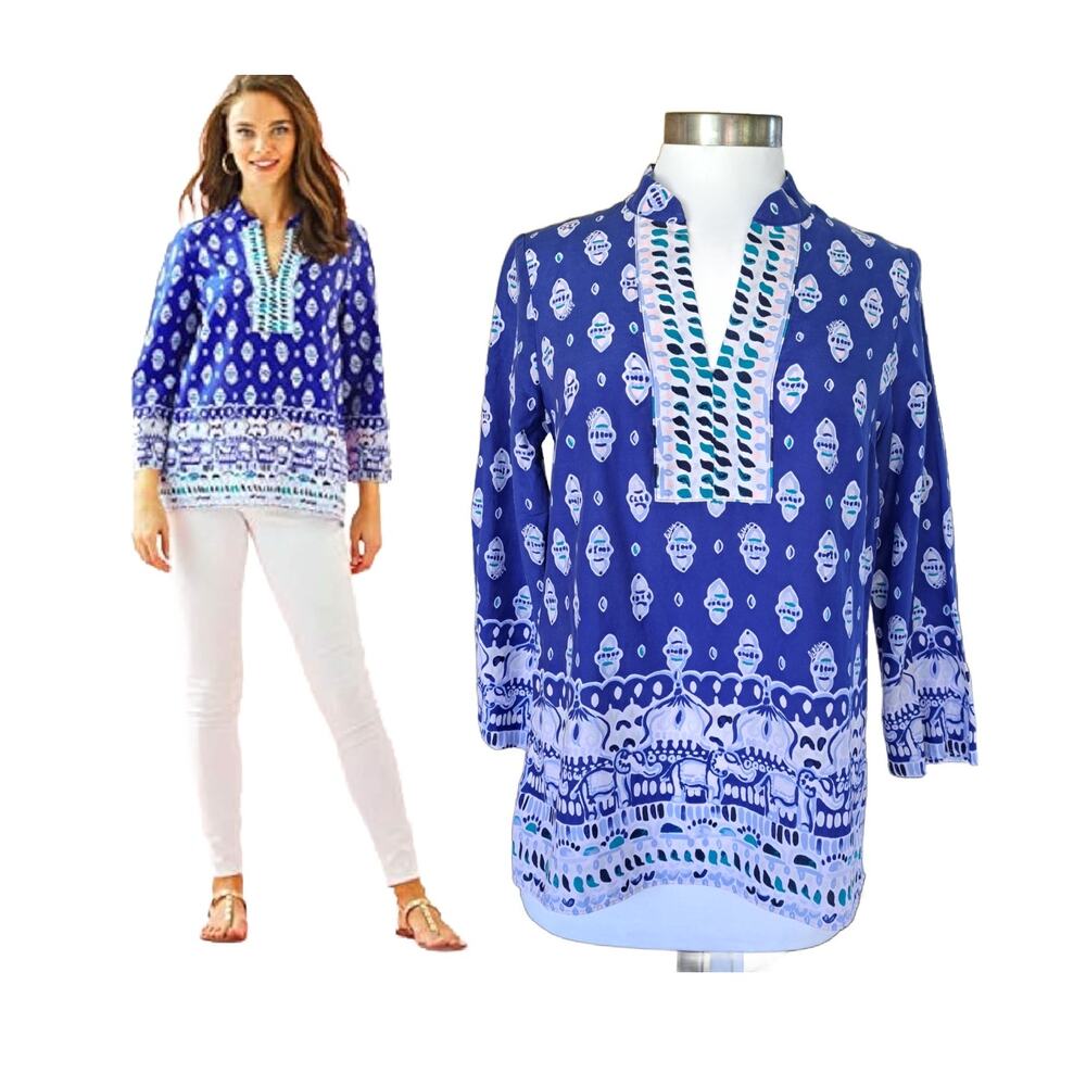 Lilly Pulitzer Silk Blend Asani Tunic Top Lapis Lazuli Glow Up Engineered Print